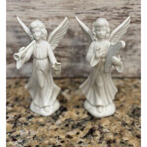 Vintage Enesco Porcelain Angel Music Figurines Harp & Horn Lot of 2 Mexico